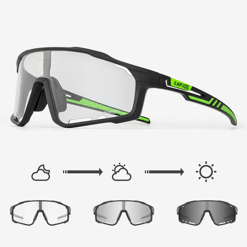 Photochromic cycling sunglasses with semi-rimless TR90 frame in one of 14 colour options.