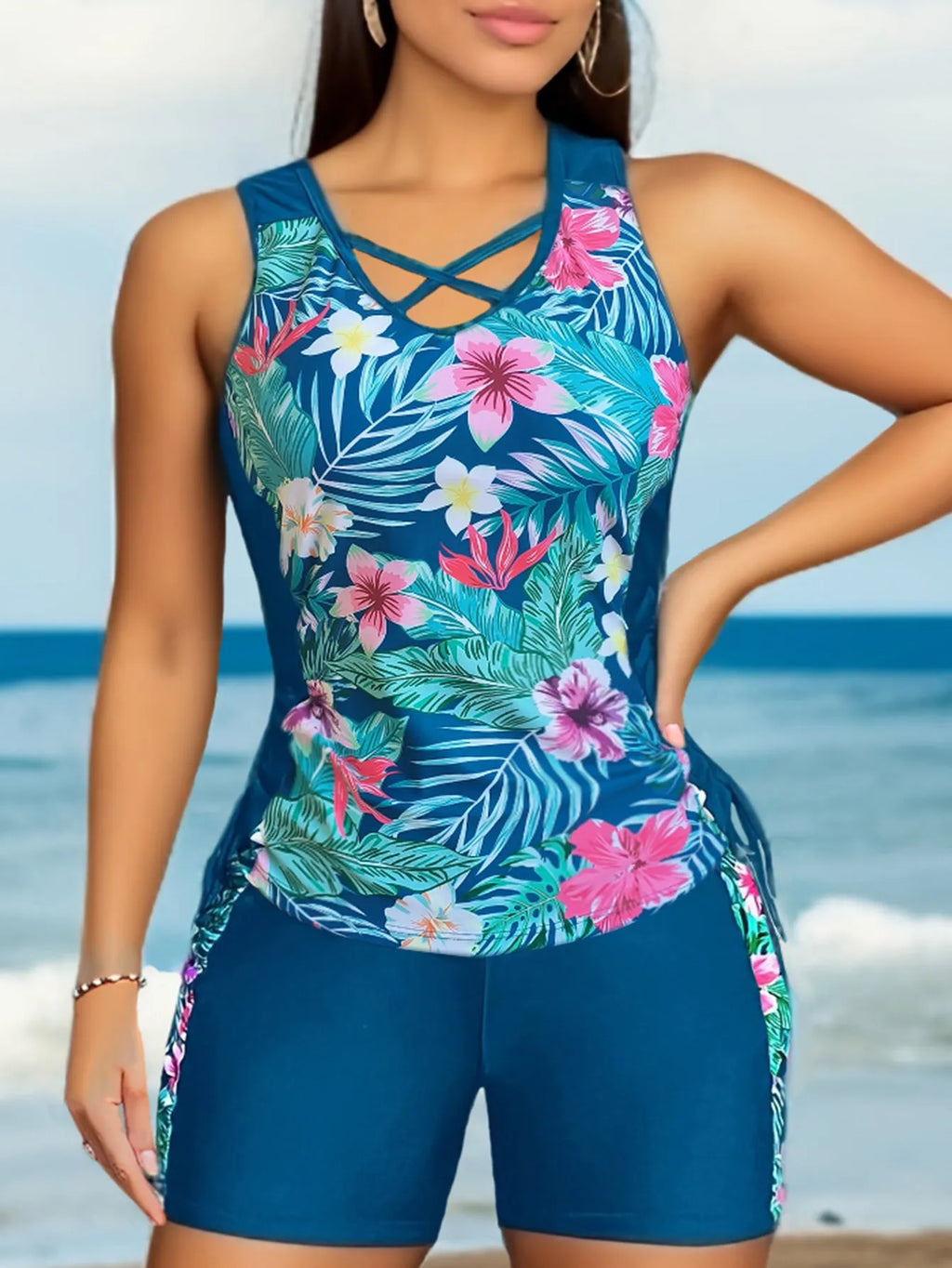 Plus size women's floral print swimsuit bikini with high waist briefs in navy blue.