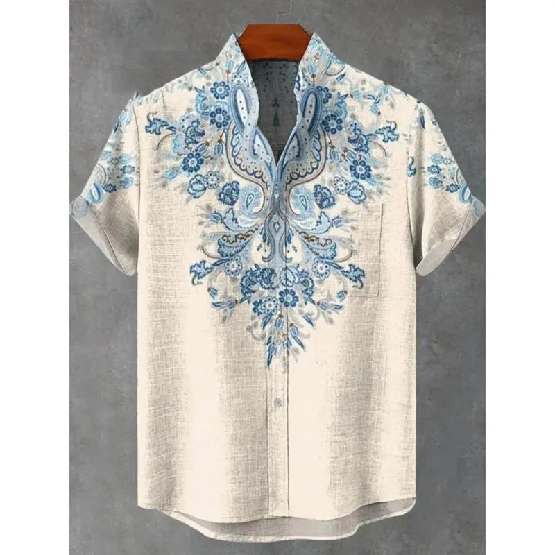 New men's linen summer shirt long sleeve slim fit non-iron American retro casual top in blue fabric