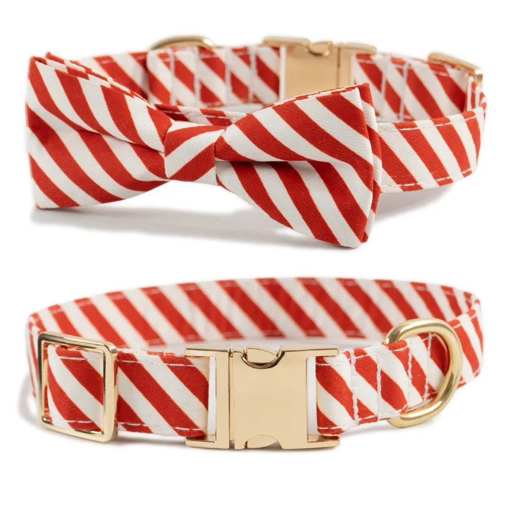Striped green dog collar with an attached red bow knot, showing an engraved name on the collar surface.
