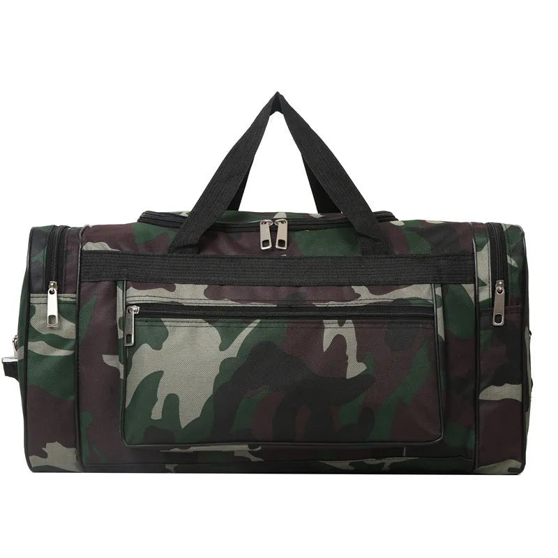 Large camouflage coloured waterproof luggage bag with striped polyester lining.
