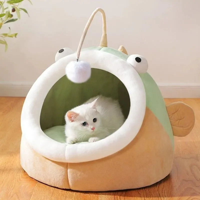 Grey semi-closed cat house with deerskin velvet fabric shown in small, medium, and large sizes.