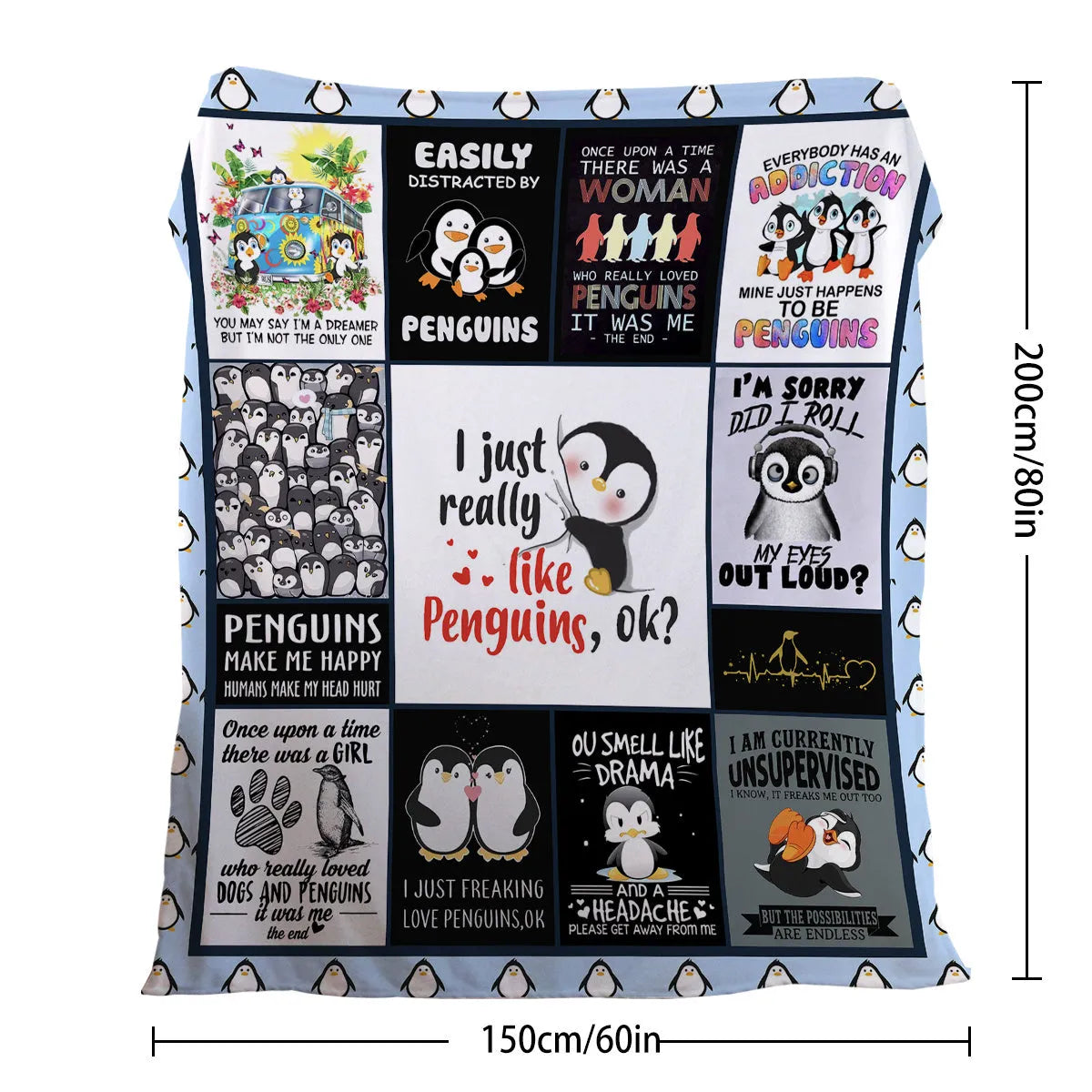 Multicoloured penguin flannel velvet throw blanket on sofa with hemmed edges