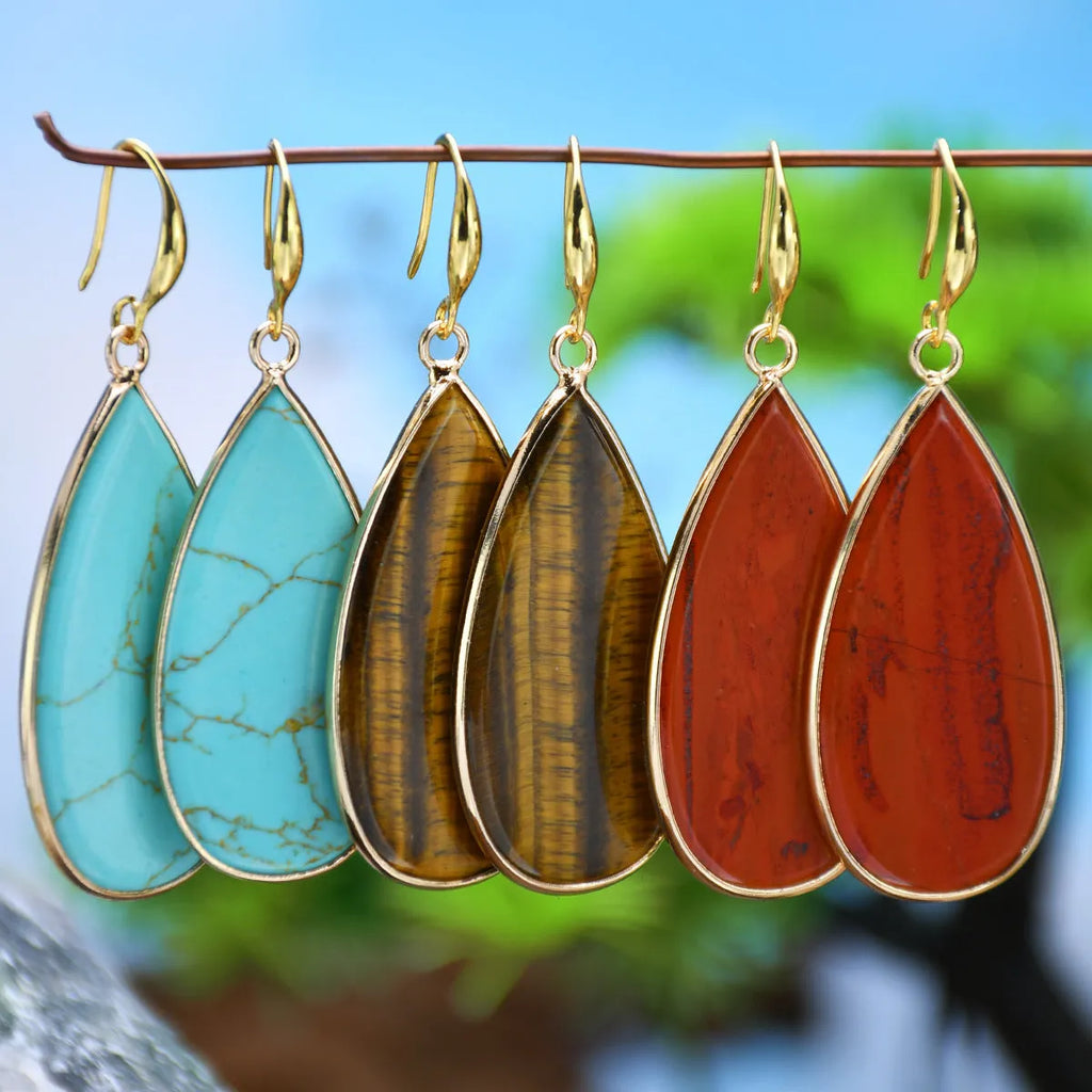 Vintage long drop earrings with tigereye stone in water drop silhouette
