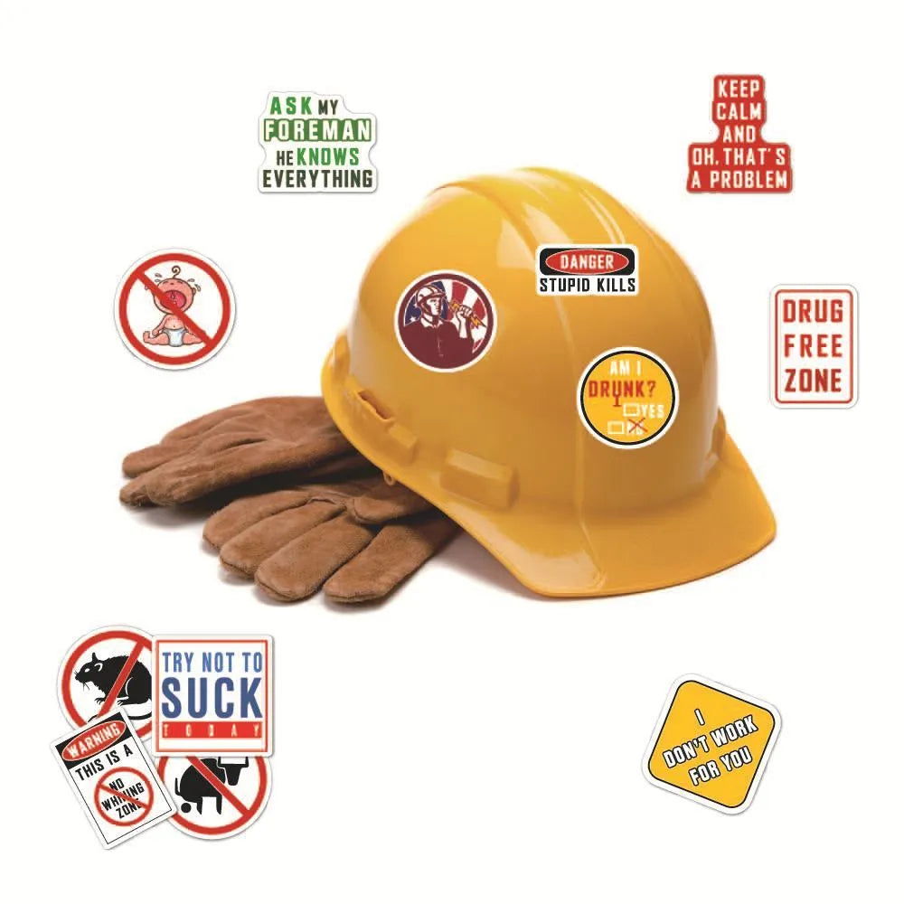 Pack of 50 waterproof warning stickers for helmets and luggage, showing bright four-colour slogans on PVC film.