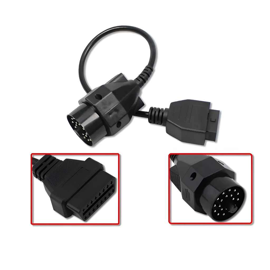 OBD2 adapter cable with BMW 20-pin round plug and standard 16-pin socket for car diagnostics