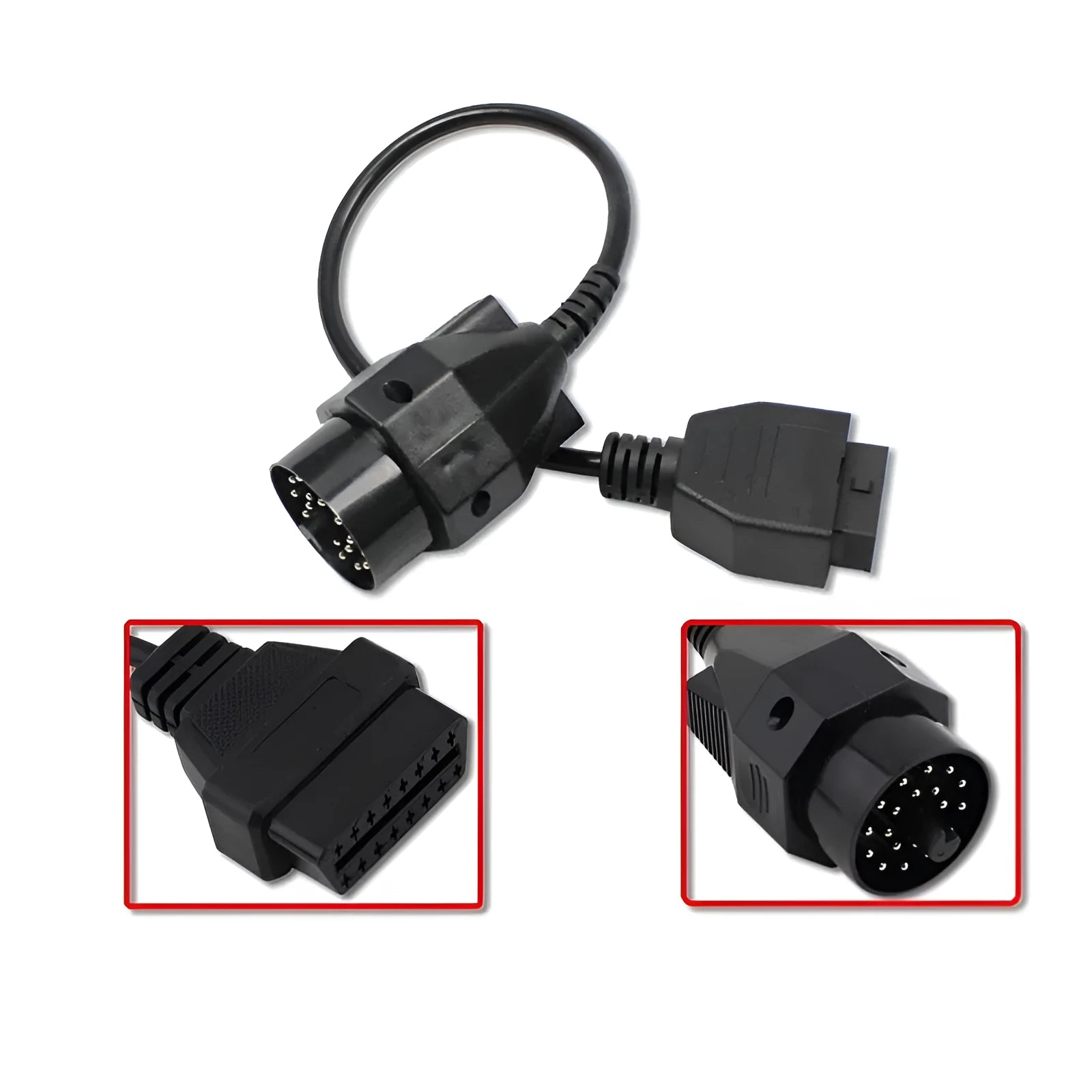 OBD2 adapter cable with BMW 20-pin round plug and standard 16-pin socket for car diagnostics