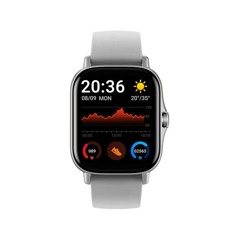 GT20 smartwatch in black with alloy case and silicone strap showing heart rate monitoring on screen.