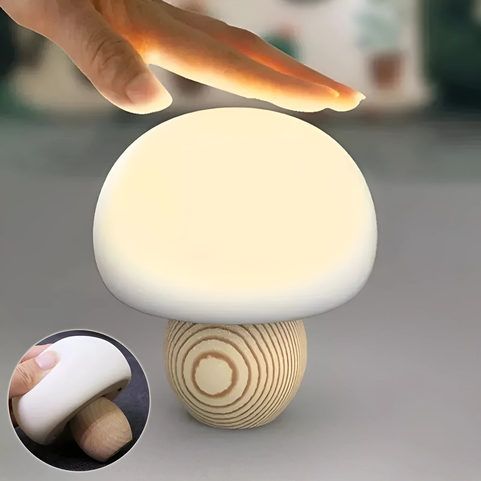 Silicone LED night lamp mushroom shape with wooden base touch switch warm light for children