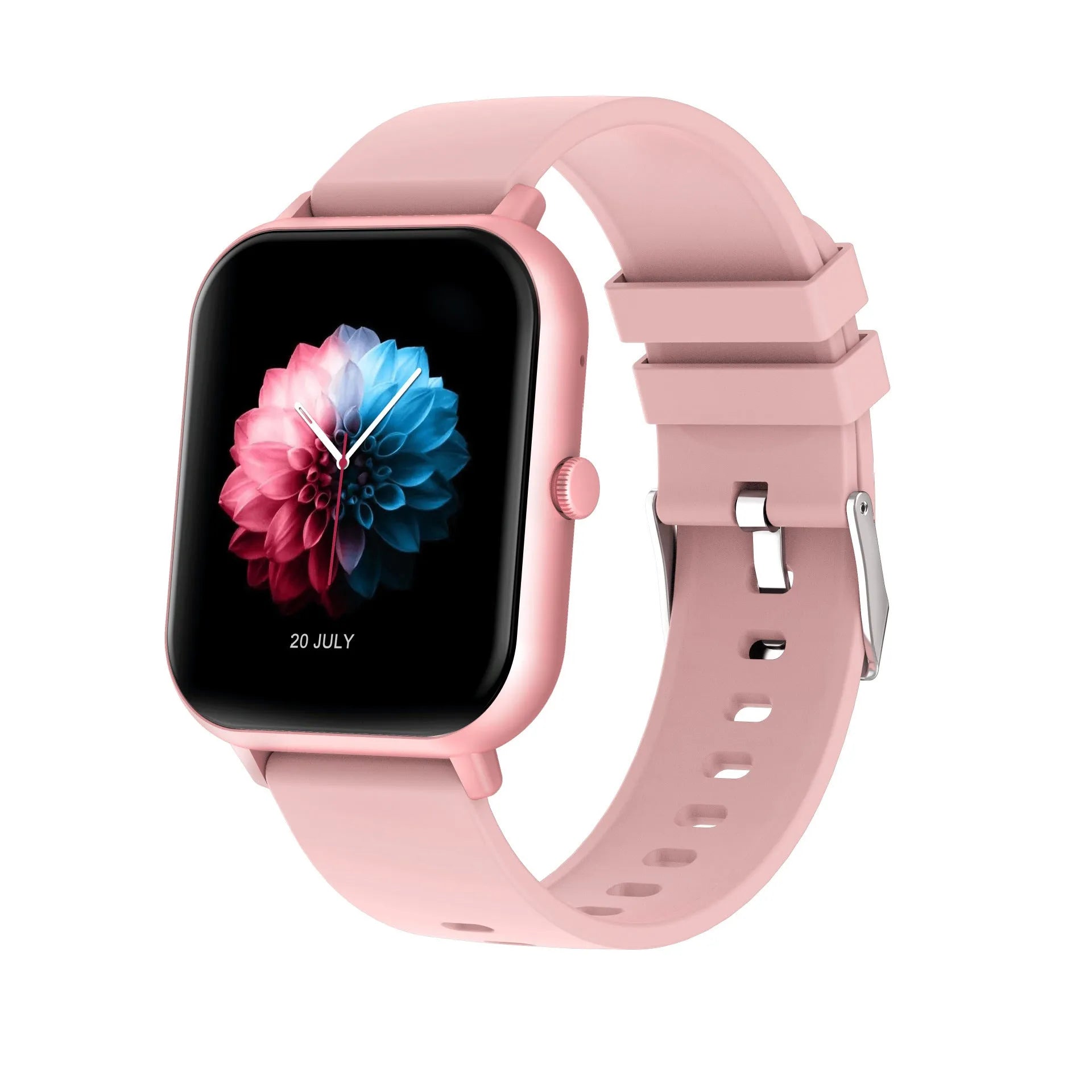 Black smart watch with heart rate monitor on wrist, showing TFT touchscreen displaying step count.