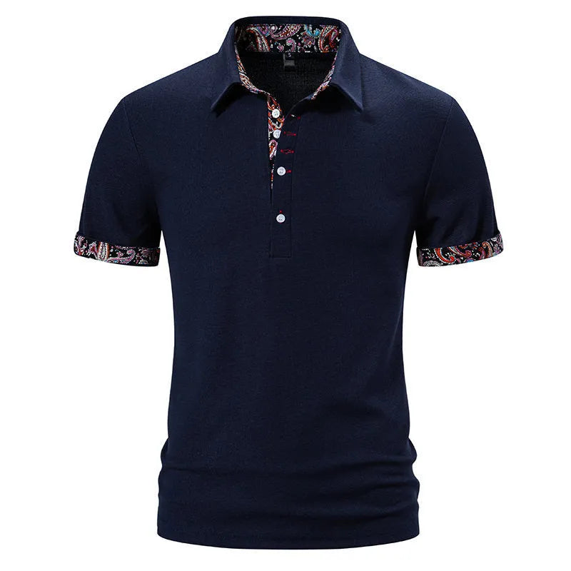 Men's white cotton blend polo shirt with turnover collar and colour stitching on short sleeves