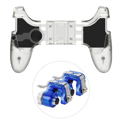 Black plug-in mobile phone gamepad with ergonomic handles and adjustable clamp holding a smartphone