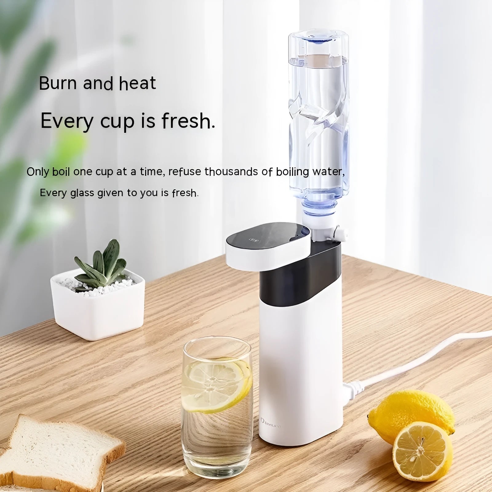 Black or green compact desktop instant water dispenser with digital display and water tank.