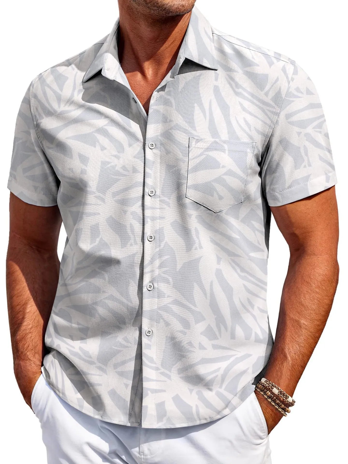 Men's slim fit short sleeve Hawaiian shirt in a cardigan style on a hanger.