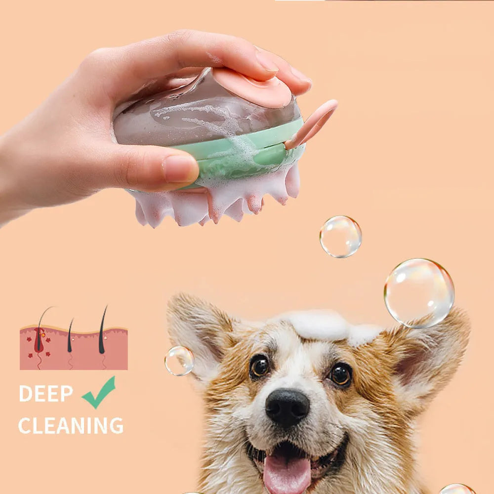 Blue pet grooming brush with integrated shampoo dispenser for bath time use with cats and dogs