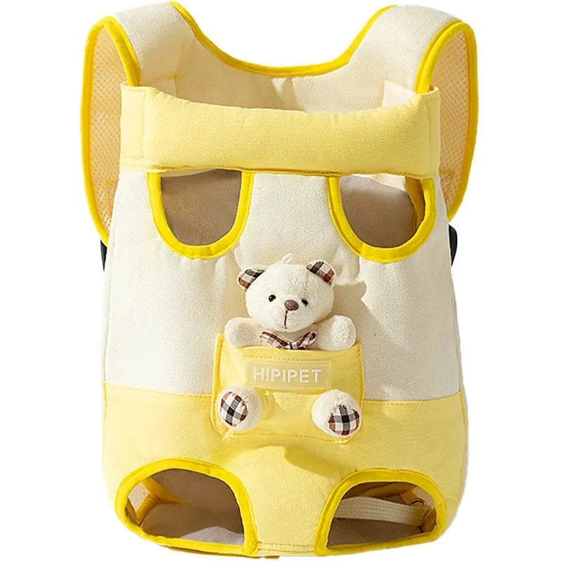 Cartoon animal pattern pet chest bag in soft canvas with decorative ribbon details