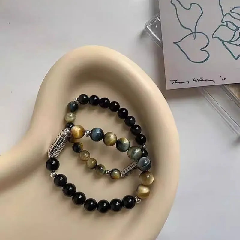 Tigereye Obsidian gemstone bracelet with six words mantra engraving on S925 sterling silver, Chinese style geometric round bead design.