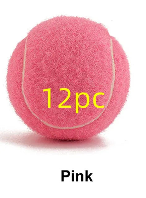 Bright pink, blue, yellow, green, and orange 6.3cm rubber tennis balls for dogs on grass.