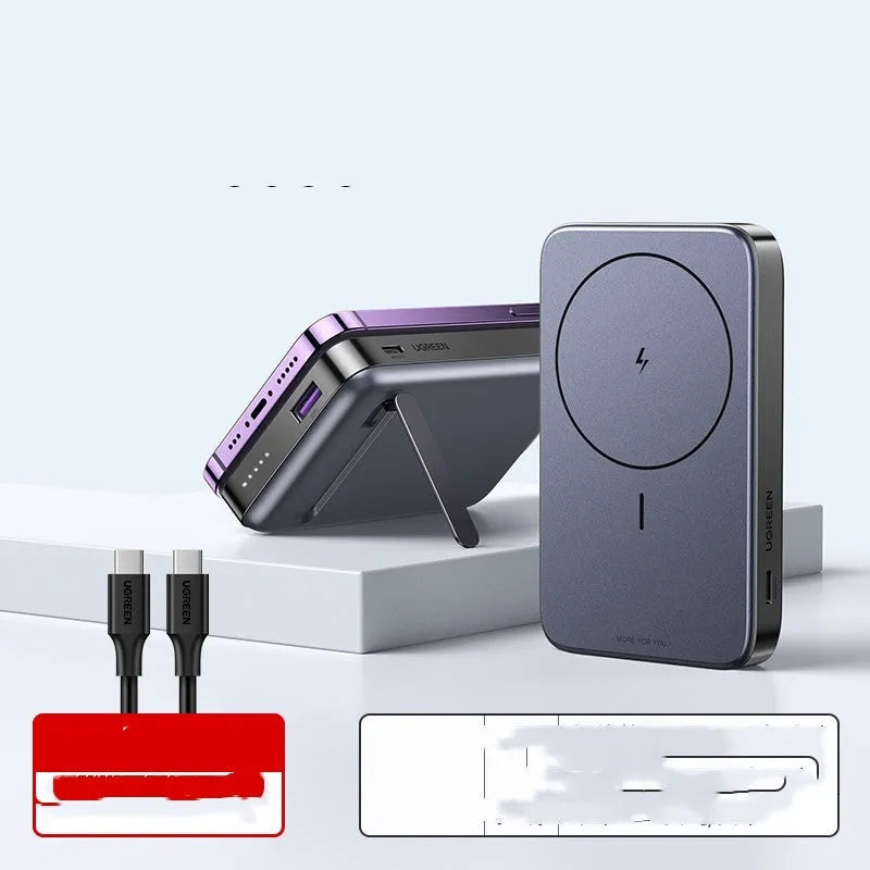 Compact magnetic charging power bank with integrated bracket showing 10000mAh capacity and C-C charging cable
