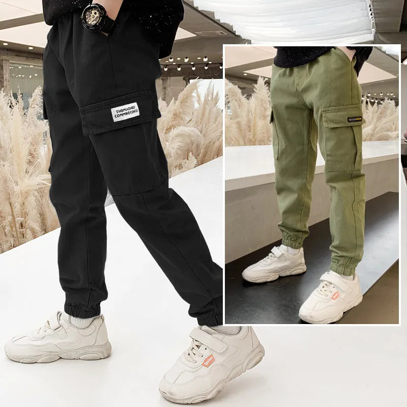 Boys' casual cotton summer trousers in Army Green colour for age 8+