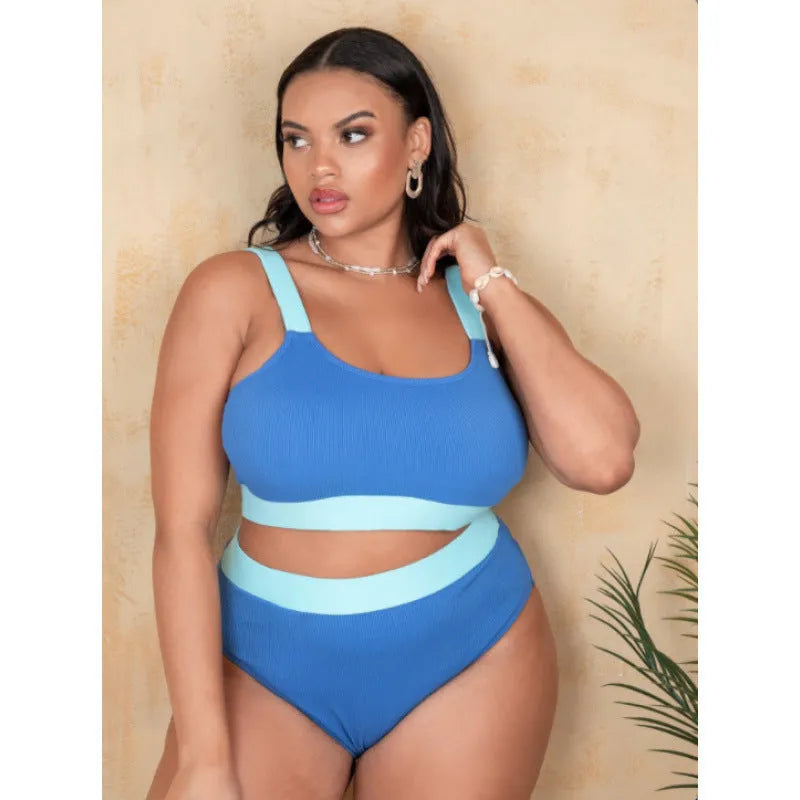 Women's pure colour high waist bikini set with stitching details in extended sizes 0XL to 4XL