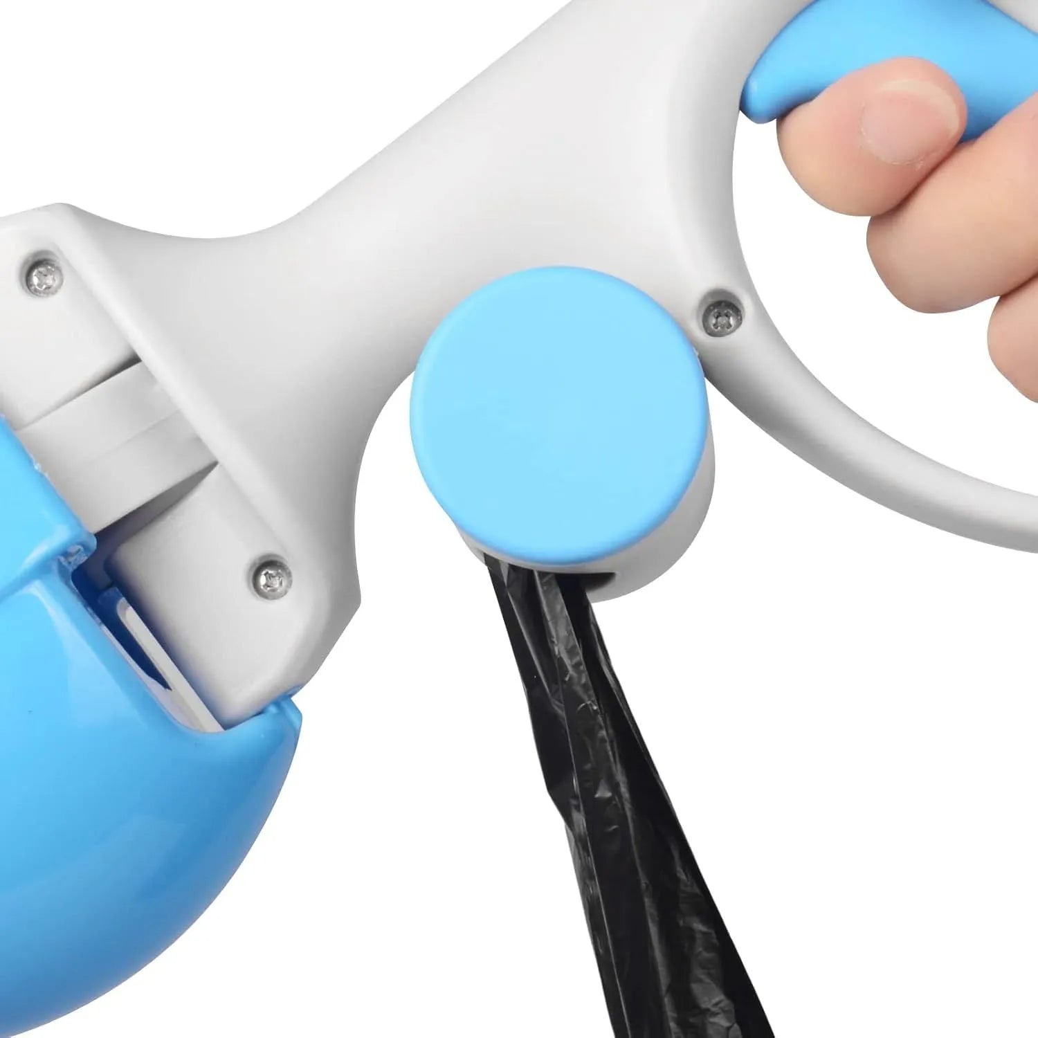 Heavy-duty ABS plastic pet pooper scooper with built-in trash bag holder in blue