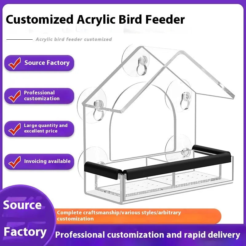 Transparent acrylic wall-mounted bird feeder with single feeding port and clear view of interior