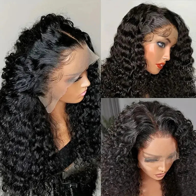 Front lace synthetic wig in black with long curly hair and side bangs, natural look