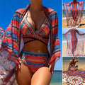 Women's three-piece swimsuit set showing a cutout blouse, high-waisted briefs, and a matching coat.
