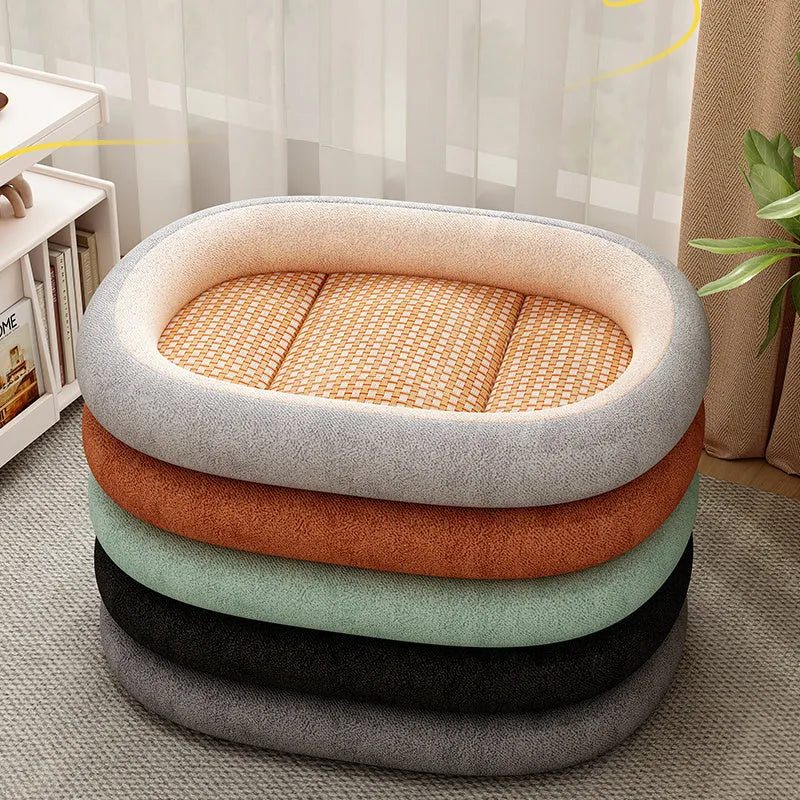 Removable washable pet nest dog bed in light grey, showing detached cotton pad next to outer cushion.