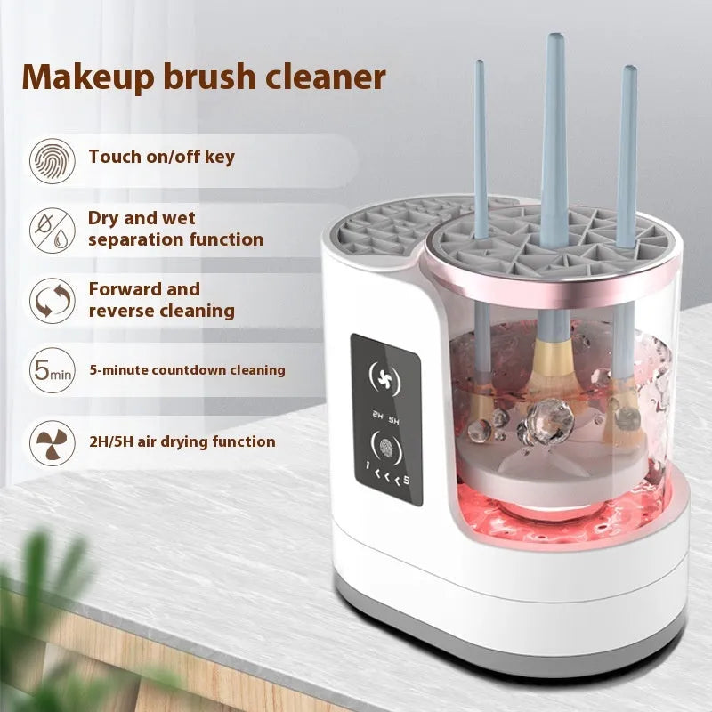Automatic electric makeup brush cleaning device with drying chamber showing brushes in silicone cleaning bowl