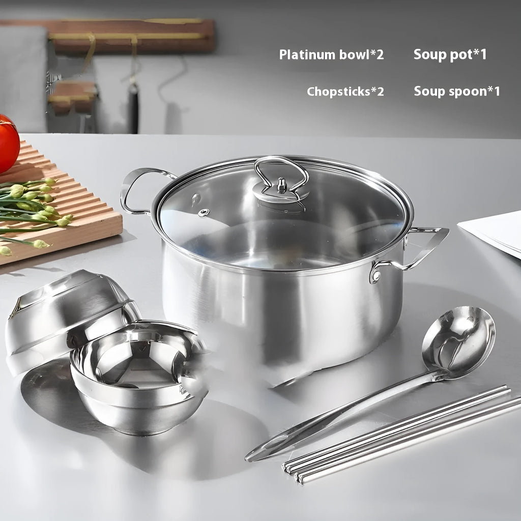 Six-piece stainless steel kitchen pot set with glass lid and tableware in colour box