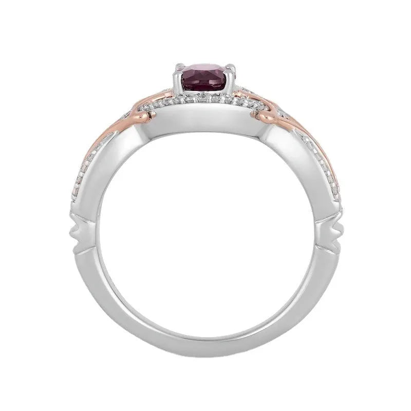 Micro inlaid zircon egg-shaped amethyst two-tone ring for women, copper geometric with colour separation plating