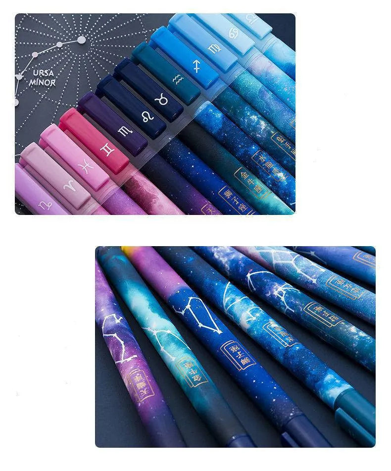 Twelve constellation zodiac ballpoint pens with bright star designs on plastic bodies, assorted colours, set of 12