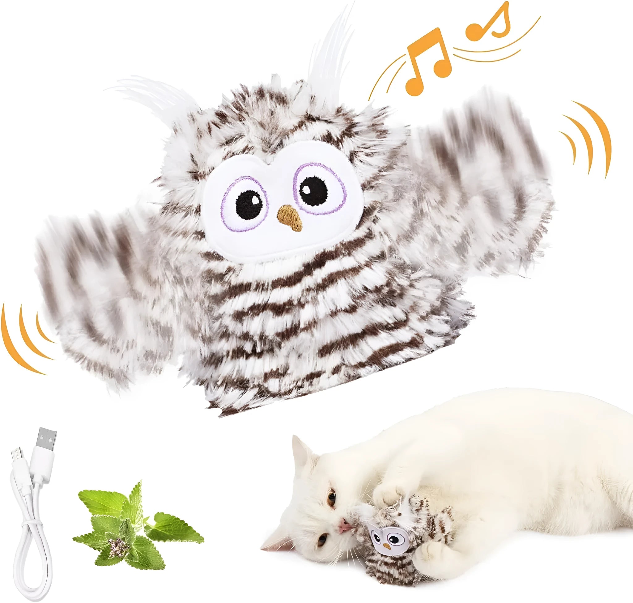 Grey interactive owl cat toy with beating wings for indoor feline entertainment