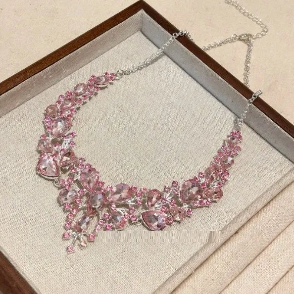 Pink rhinestone flower pendant necklace on alloy ball bead chain with 31-40cm adjustable link