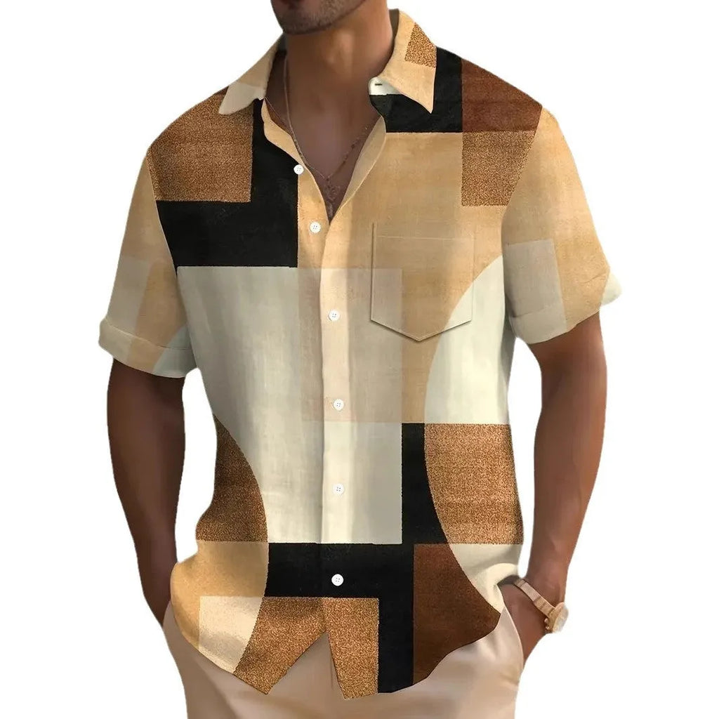 Man wearing a loose-fit short sleeve cardigan shirt with a blue and white geometric 3D print pattern.