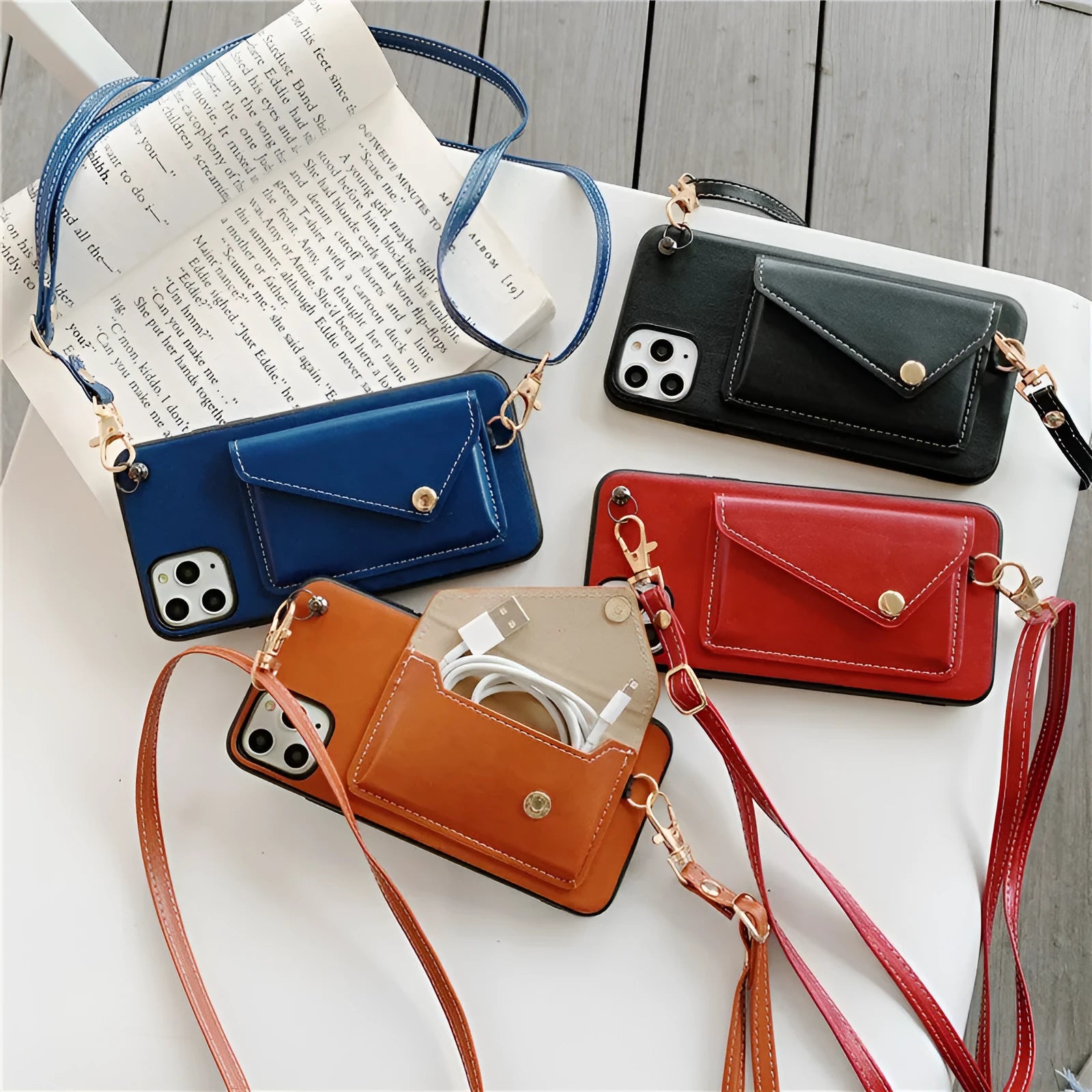 Leather phone case with card holder and crossbody rope for iPhone in khaki colour