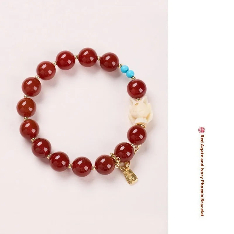 Red agate and ivory nut bracelet with 10mm beads and Fengjiu design in retro style
