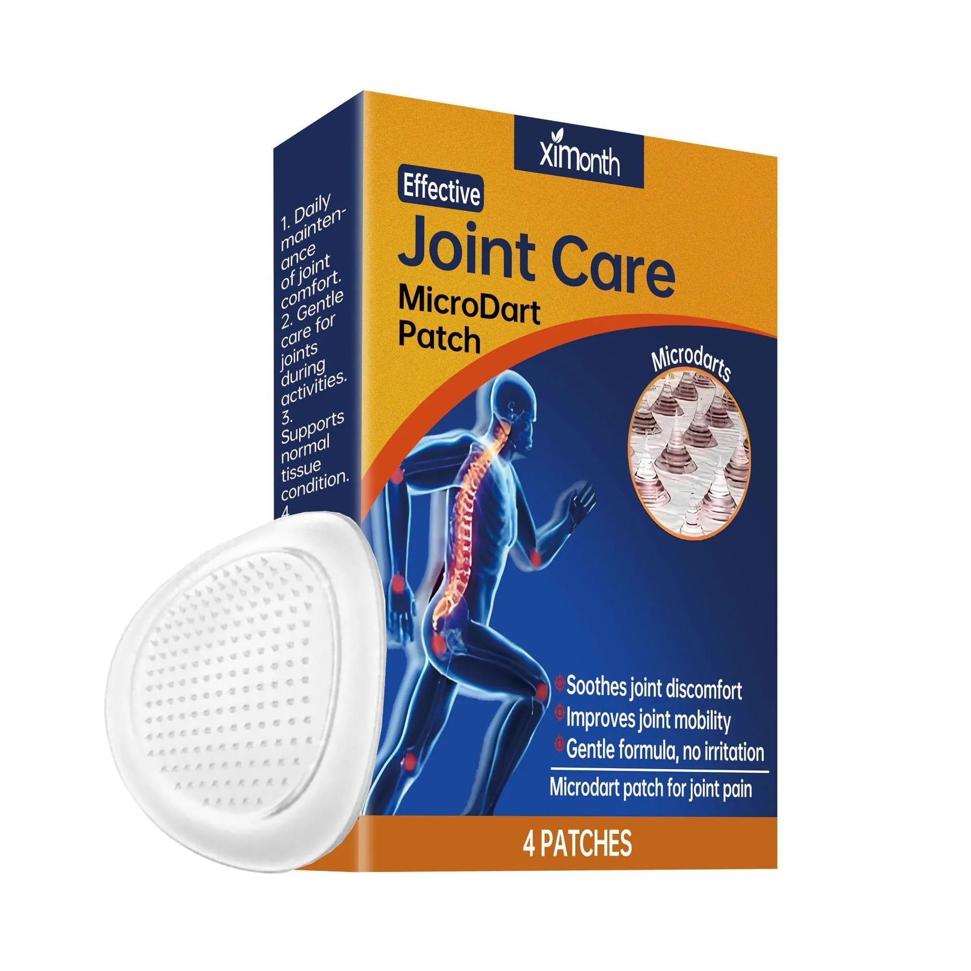 Box of four joint microneedle adhesive patches for nursing care with natural ingredients.