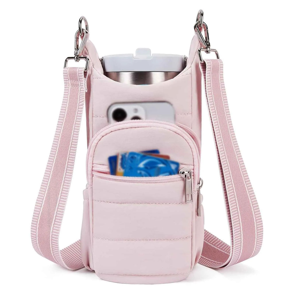 Cloth water bottle holder bag for bicycles in beige, black, and pink colour options.
