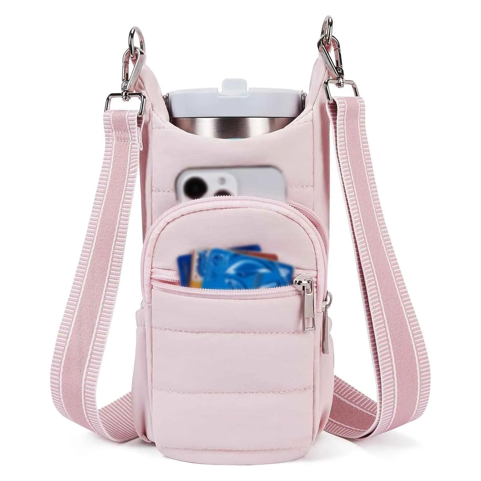 Cloth water bottle holder bag for bicycles in beige, black, and pink colour options.
