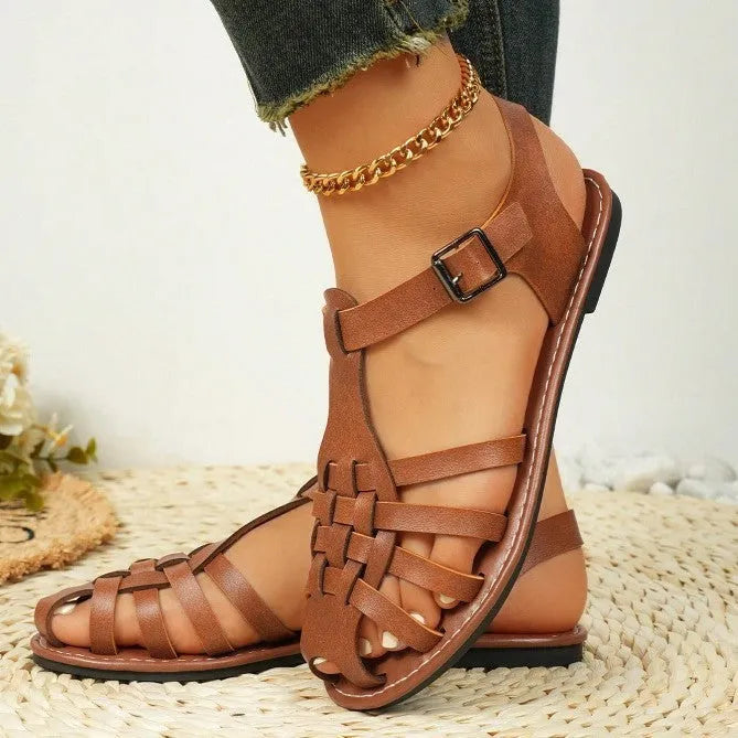 Dark brown women's vintage weave sandals with closed toe, roman buckle, and a soft rubber sole.