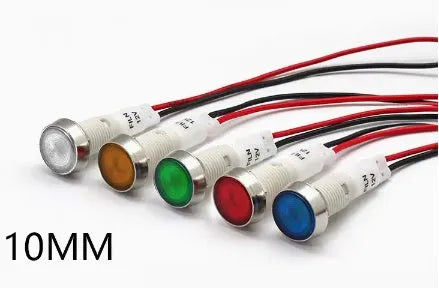 10mm diameter stainless steel edge plastic indicator light with wire in multiple colour options.