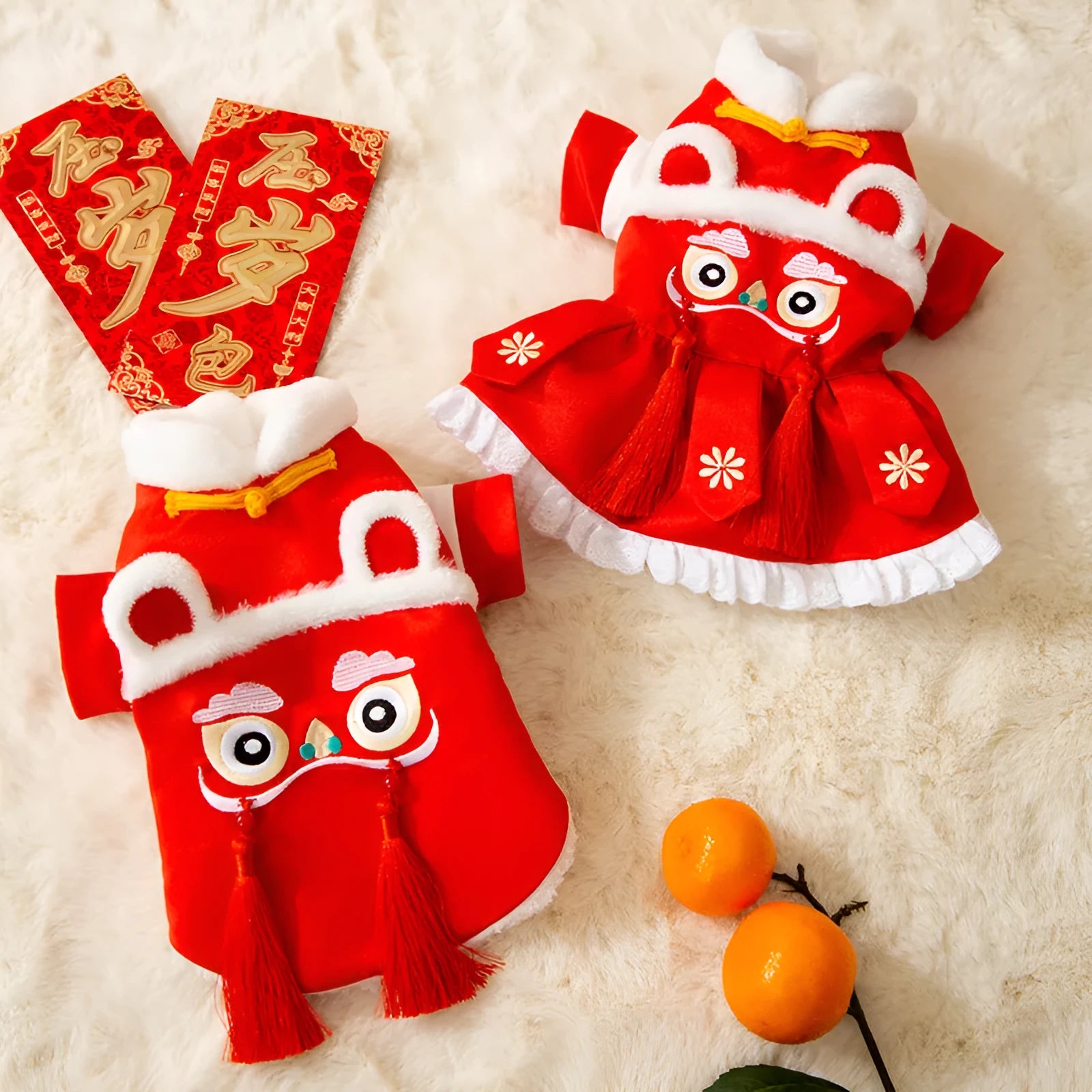 Lion Dance pet Tang suit cotton-padded red top with embroidery and festive tassels for dogs