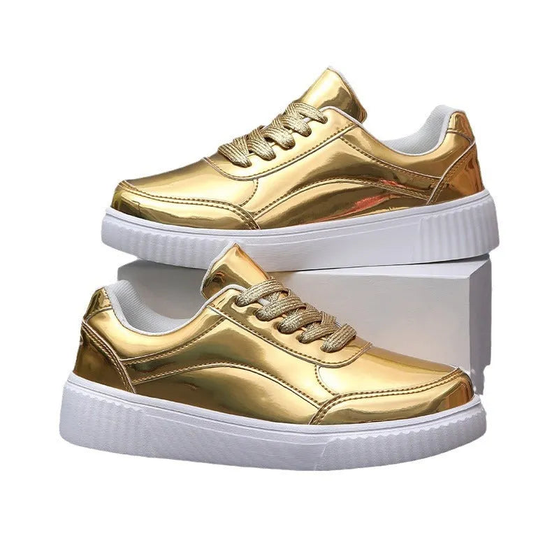 Rose gold glitter platform sneakers with sequin detailing and thick sole