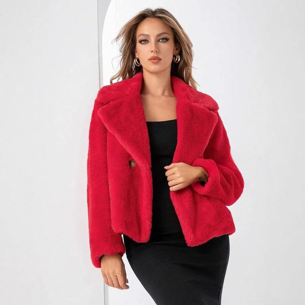 A woman's short loose faux fur coat in a fresh and sweet style, shown in rose red.