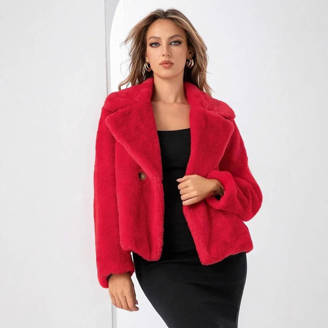 A woman's short loose faux fur coat in a fresh and sweet style, shown in rose red.